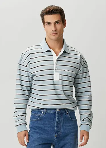 Açık Mavi Polo Yaka Çizgili Sweatshirt