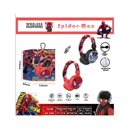 Azurtech Spider-Man AH-706E Işıklı Çocuk Bluetooth Kulaklık Kablosuz Kulak Üstü Kulaklık