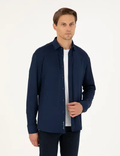 Lacivert Slim Fit Örme Gömlek