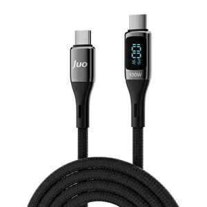 Juo JCBL101-B 100 W 5A QC4.0 Dijital Led Ekranlı E-Mark Çipli USB PD Type-C Hızlı Şarj ve Data Kablosu 1 M