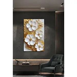 Mgi Design 3d Görünümlü Lüks Beyaz Çiçekli Altın Varaklı Modern Cam Tablo Temperli Kırılmaz Duvar Dekoru | Çiçek Temalı Dekoratif Duvar Tablosu, Salon Ve Yatak Odası Dekoru, 30x45 cm