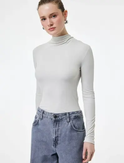 Slim Fit Modal Kumaş Uzun Kollu Dökümlü Dik Yaka Bluz