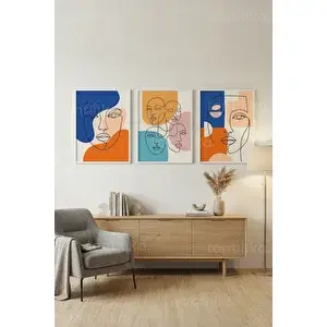 Tontilika Modern Çizgi Yüzler Sanatı 3’lü Ahşap Çerçeveli Tablo Seti 50 x 70 cm