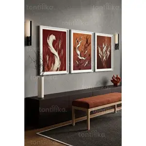 Tontilika Modern Soyut Alev Formları 3’lü Ahşap Çerçeveli Tablo Seti 21x30 cm