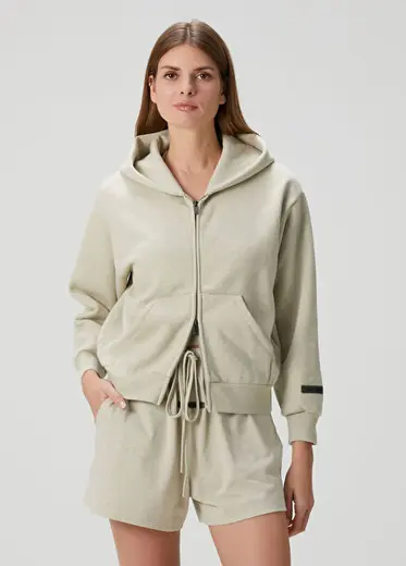 Bej Kapüşonlu Fermuarlı Sweatshirt