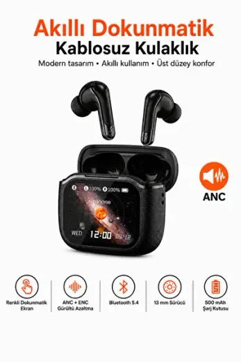 Monoise P-S6 Premium Akıllı Dokunmatik Renkli Ekranlı Kadın - Erkek Kulaklık, Bluetooth 5.4, ANC ve ENC Gürültü Azaltma, 13 mm Sürücü, 500 mAh Şarj Kutusu, Dokunmatik Kontrol, TWS Kulak İçi Kulaklık