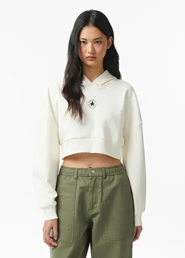 Krem Rengi Kapüşonlu Kadın Kısa Sweatshirt