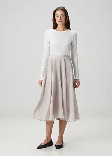 Miren Açık Pembe Desenli Midi İpek Organza Etek