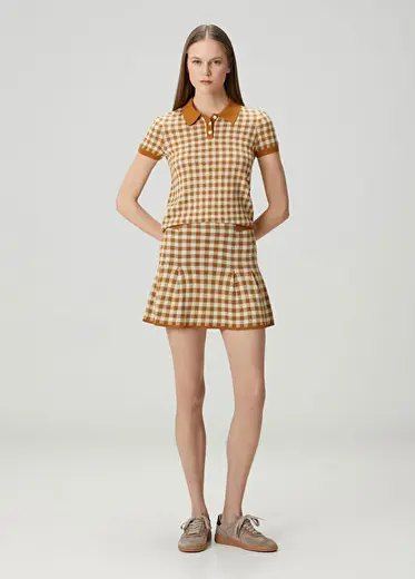 Gingham Desenli Mini İpek Etek