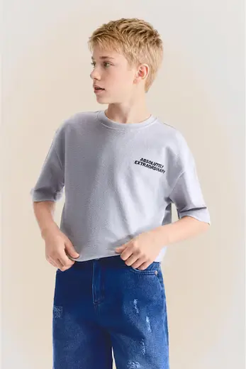 %100 Pamuk Oversize Baskılı Tişört Erkek Çocuk