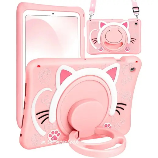 M.TK Moveteck Samsung Galaxy Tab A11+Plus / A9 Plus 11 Inç Kedi Çocuk Kılıfı Askılı Standlı Eğlenceli Karakterli Pembe Kapak SM-X210 SM-X230