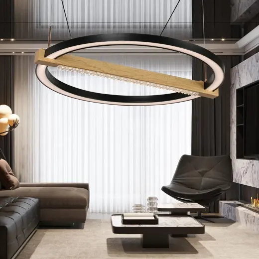Apliqa April Siyah 58 Watt Yuvarlak Ahşap Desenli Modern Salon Led Sarkıt Avize