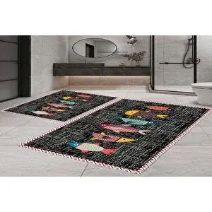 Vivense Di̇ji̇tal Baski, Kaymaz Taban İki̇li̇ Banyo Paspasi 100x60 + 60x50 Cm Rvg5-sm202