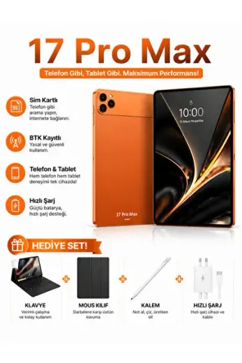 17 Pro Max Tablet Sim Kartlı BTK Kayıtlı | Klavye Mouse Kalem Kılıf Hediyeli | Hızlı Şarj |