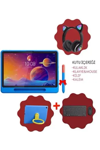 Kids Tab 1.8Ghz 4Gb 128Gb Tablet+kendinden standlı kılıf+kalem+klavye ve mouse+kulaklık