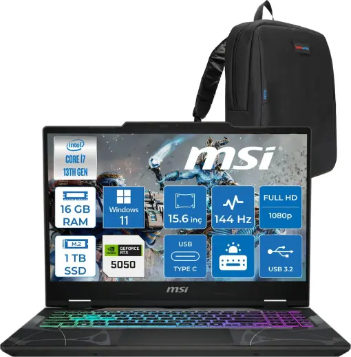 MSI Msı Cyborg 15 Intel Core I7 13620H 16GB Ddr5 1tb SSD RTX5050 Gddr7 8gb Windows 11 Home 15.6" Fullhd (1920X1080) 144HZ IPS Taşınabilir Bilgisayar B13WEKG613XTRH03 + Zetta Çanta