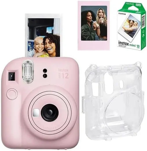 Instax Mini 12 Fotoğraf Makinesi-10'lu Film-Şeffaf Pleksi Kılıf ve Fotoğraf Çerçevesi Seti 2 Pembe