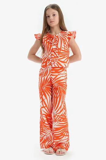 %100 Pamuk Wide Leg Geniş Paça Desenli Beli Lastikli Pantolon Kız Çocuk