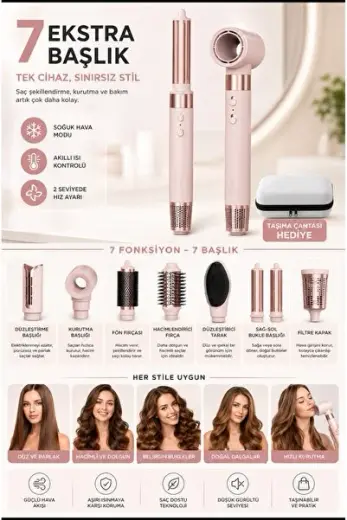 THD01 Saç Şekillendirme ve Kurutma Seti Saç Dalgalandırma 7in1 Hava Üflemeli Fön Makinesi Multi Styler Airwrap Compact Pembe
