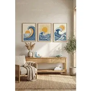 Tontilika Deniz Dalgaları Ve Güneş Temalı 3’lü Ahşap Çerçeveli Tablo Seti 50 x 70 cm