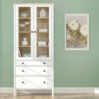 SSB Furniture Helen Camlı Kitaplık - Beyaz / Safir Meşe - 194x35x83 cm