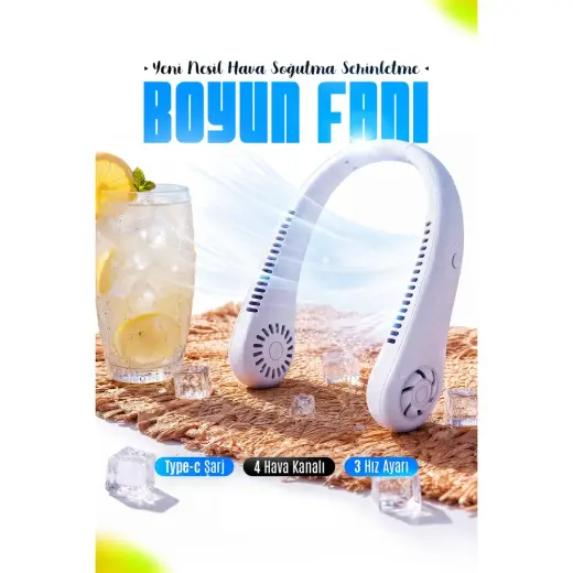 Ensiga Portatif Boyun Fanı 3 Kademe Hızlı Hava Soğutma Beyaz Kanatsız Tasarım Enerji Tasarrufu