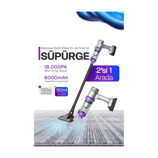 Ensiga LCD Ekranlı Dikey Süpürge Ev ve Araç Içi Süpürge 18.000 Pa Max Emiş Güçlü Kablosuz Şarjlı