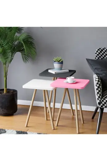 Intergo Viva Kare Zigon Sehpa Takımı Pembe Beyaz Gri