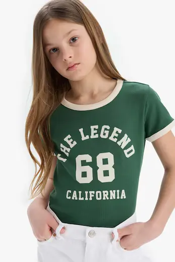 Slim Fit Dar Kesim Bisiklet Yaka Baskılı Fitilli Kaşkorse Kısa Kollu Tişört Kız Çocuk