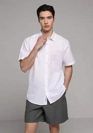 Regular Fit Shirt Neck Düz Erkek Beyaz Kısa Kol Gömlek