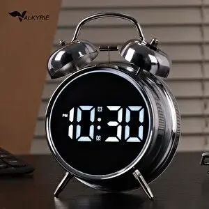 Valkyrie Led Ekranlı Analog Alarmlı Masa Saati Çalar Saat Pil Dereceli Çift Alarmlı Dijital Saat Gümüş