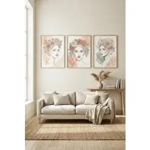 Tontilika Minimalist Çiçekli Kadın Portreleri 3’lü Ahşap Çerçeveli Tablo Seti 50 x 70 cm