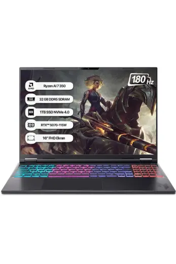 Acer Nitro 16S AI NH.QXKEY.002 R7 AI 350 32 GB 1 TB SSD RTX5070-8 GB 16" WQXGA 180Hz Dos Taşınabilir Bilgisayar