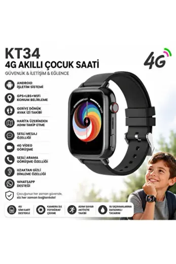 Sim Kartlı 4G Android Çocuk Akıllı Saat KT34 GPS, WiFi, Görüntülü Görüşme, SOS, WhatsAp, Kamera ve Konum Takipli