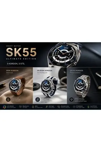 SK55 Ultimate Edition AMOLED Akıllı Saat Bluetooth Görüşme 3 Kordonlu Premium Smart Watch