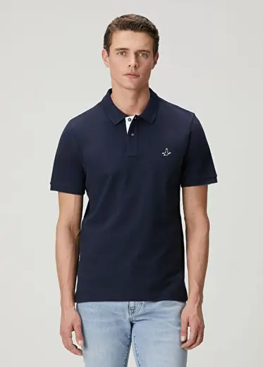 Comfort Fit Lacivert Yaka Altı Baskı Polo T-shirt
