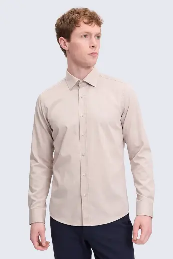 Bej Slim Fit Uzun Kollu %100 Pamuk Casual Flanel Gömlek
