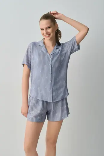Mavi Çizgili Jade Gömlek Yaka Şort Pijama Takımı