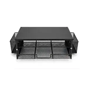 Temel Siyah Metal Mesh Monitör Yükseltici Stand Çekmeceli Kalemlikli Masaüstü Organizer 9210