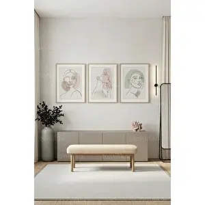 Tontilika Minimalist Çizgi Sanatı Kadın Yüzleri 3’lü Ahşap Çerçeveli Tablo Seti 30x42 cm