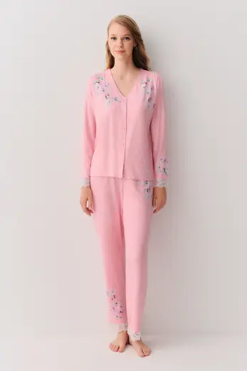 Pembe Puantiyeli Jane Gömlek Yaka Pijama Takımı