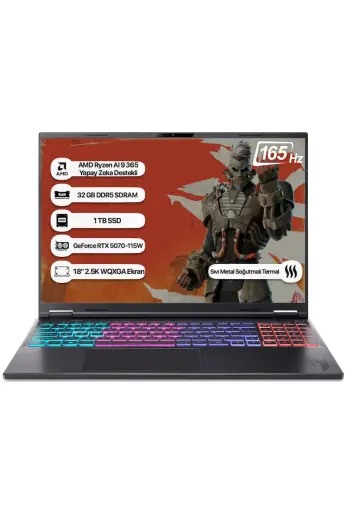 Acer Nitro 18 NH.QYJEY.002 Ryzen AI 9 365 32 GB 1 TB SSD RTX5070-115W 165Hz 18 2.5K Dos Taşınabilir Bilgisayar