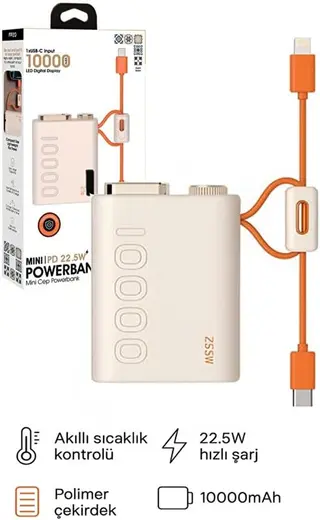 10.000 mAh Hızlı Şarj Powerbank | PD Hızlı Şarj 22.5W | Dahili Kablo Type-C Lightning| LED Gösterge