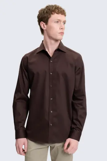 Kahverengi Slim Fit İğneli Yaka %100 Pamuk Uzun Kollu Spor Gömlek