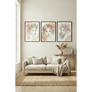 Tontilika Minimalist Çiçekli Kadın Portreleri 3’lü Ahşap Çerçeveli Tablo Seti 50 x 70 cm
