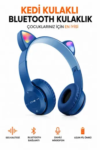 Çocuklar Için Işıklı Kedili Mikrofonlu Kablosuz Sd Kart P47m Rgb Unisex Bluetoothlu Çocuk Kulaklık
