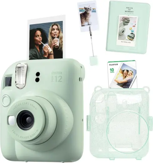 Instax mini 12 Fotoğraf Makinesi-10'lu Film-Kıskaçlı Stand-PVC Albüm ve Simli Pleksi Kılıf Seti (Yeşil)
