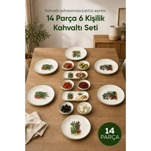Vienev Kaktüs Desenli 14 Parça 6 Kişilik Seramik Kahvaltı Takımı Servis Sunum Tabaklı Dekoratif Sofra Seti