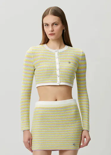 Çok Renkli Çizgili Crop Hırka