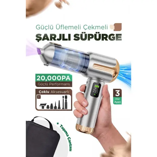 Ensiga Çantalı LCD Ekran Göstergeli 20.000PA Kablosuz Dikey Süpürge Güçlü Üfleme Çekme Şarjlı Süpürge